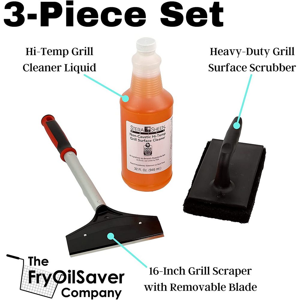 The FryOilSaver Co. 3 Piece Griddle Cleaning Kit | Grill Liquid, Scraper, & Scrubber | Grill Cleaner Flat Top Grill Accessories | Flat Top Grill Cleaning Kit